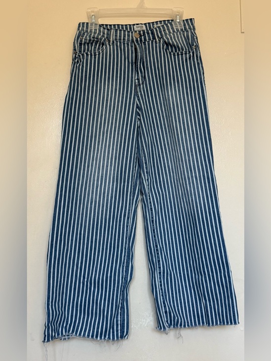 Kensie Pants - Kensie Blue and White Vertical-Striped Wide-Leg Jeans